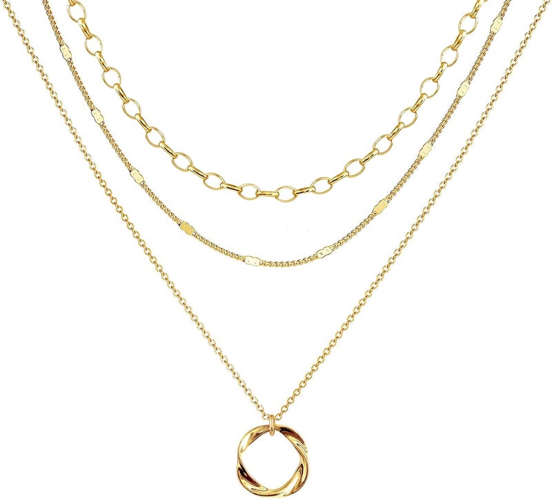 OGD Store Layered CZ Rondelle Pendant Necklaces for Women, 14K Gold Plated Trendy Mariner Chain Dainty Circle Rondelle Pendant Choker Necklace for Women Two-Toned Cubic Zirconia Gold Necklace - Image 1